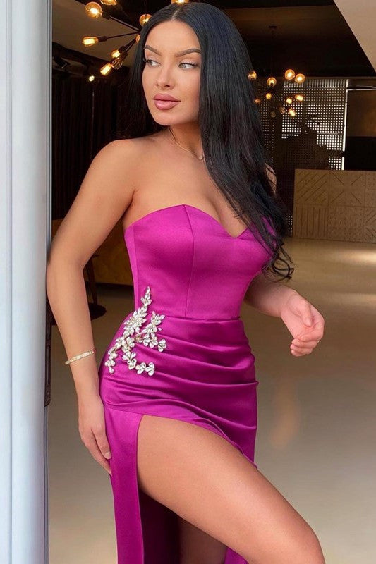 Long Satin Sweetheart Sleeveless Mermaid Prom Dress with Split