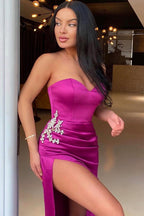 Long Satin Sweetheart Sleeveless Mermaid Prom Dress with Split