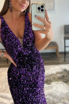 Purple V-Neck Open Back Long Mermaid Prom Dress with Featuring Sequins
