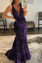 Purple V-Neck Open Back Long Mermaid Prom Dress with Featuring Sequins