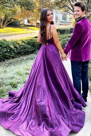 Long A-line V-Neck Spaghetti Straps Satin Open Back Prom Dress with Slit
