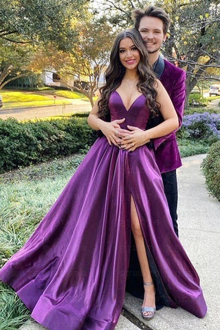 Long A-line V-Neck Spaghetti Straps Satin Open Back Prom Dress with Slit