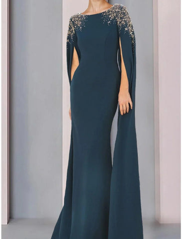 Meerjungfrau/Trompete Kleid für die Brautmutter, Hochzeitsgast, elegant, U-Ausschnitt, Sweep/Pinselzug, Stretch-Chiffon, lange Ärmel mit Paillettenrüschen