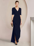 Etuikleid/Säulenkleid für die Mutter der Braut, formeller Hochzeitsgast, elegant, V-Ausschnitt, bodenlang, Satin, halbe Ärmel, mit geschlitzter Vorderseite, Rüschen