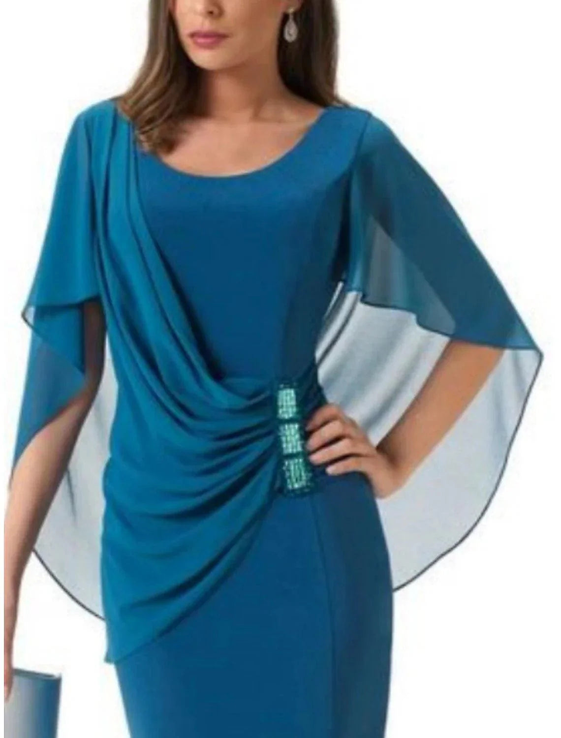 Vestido tubinho/coluna para mãe da noiva, festa de casamento, elegante, decote redondo, curto/mini, chiffon, manga curta, com pregadeira de cristal e franzido