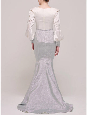 Meerjungfrau/Trompete Kleid für die Brautmutter, Hochzeitsgast, Party, U-Ausschnitt, Pinselschleppe, Stretch-Satin, lange Ärmel mit Schleife(n), Rüschen