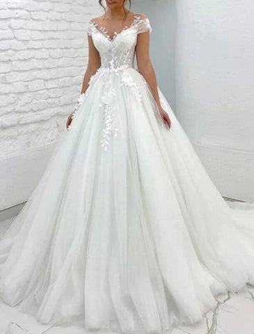 Formelle Brautkleider Ballkleid V-Ausschnitt Flügelärmel Kapelle Schleppe Spitze Brautkleider mit Applikationen
