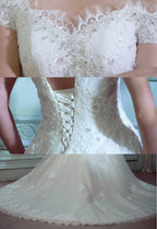 Gorgeous Off Shoulder Short Sleeve Lace Appliques Beading Sparkly Ball Gown Cathedral Train Wedding Dress,DB091