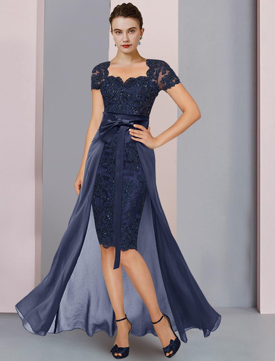 Vestido de mãe da noiva de duas peças, estilo coluna, formal, para convidada de casamento, elegante, decote quadrado, comprimento até ao joelho, chiffon, renda, manga curta com laço(s), missangas