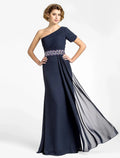 Etuikleid/Säulenkleid für die Brautmutter, Sparkle &amp; Shine, ein Schulterträger, bodenlang, Chiffon, kurze Ärmel, mit Perlenbesatz, drapiert, seitliche Drapierung
