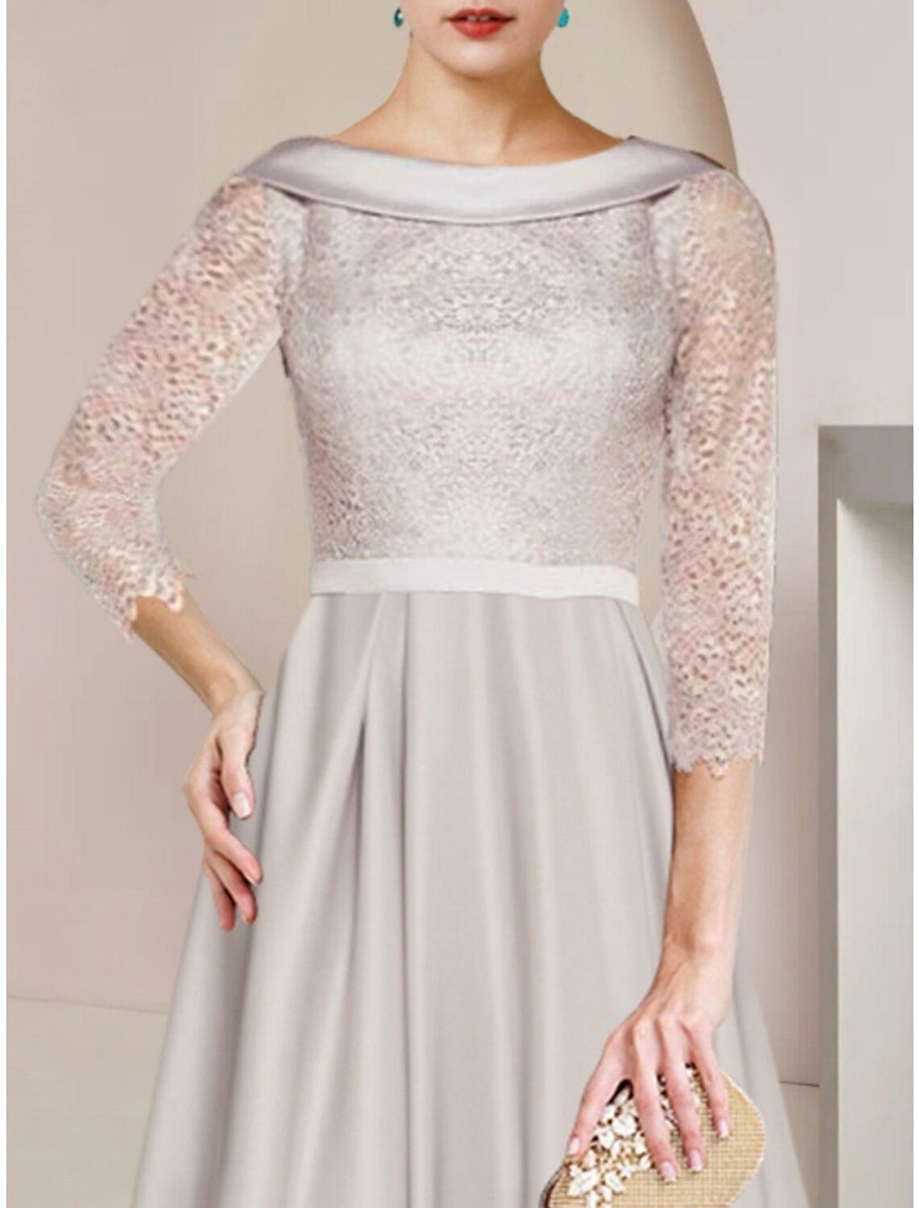 Etuikleid/Säulenkleid für die Brautmutter, Hochzeitsgast, minimalistisch, elegant, U-Ausschnitt, knielang, Satin, Spitze, halbe Ärmel mit Rüschen