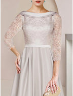 Etuikleid/Säulenkleid für die Brautmutter, Hochzeitsgast, minimalistisch, elegant, U-Ausschnitt, knielang, Satin, Spitze, halbe Ärmel mit Rüschen