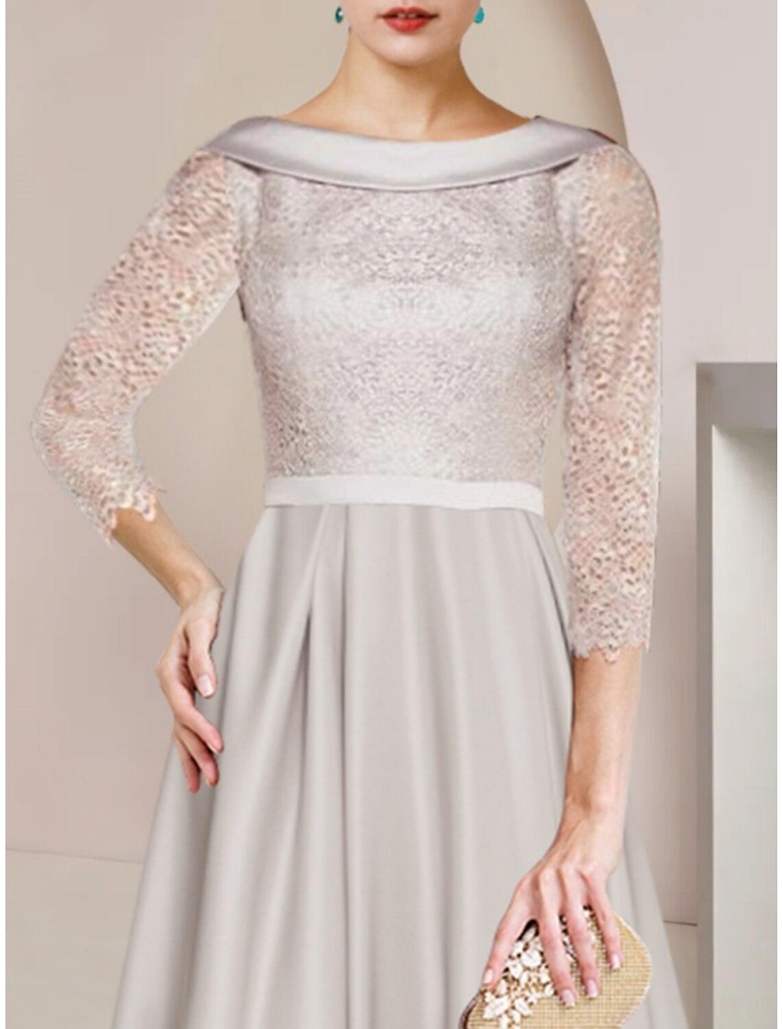 Vestido de mãe da noiva com bainha/coluna, para convidada de casamento, minimalista, elegante, decote redondo, comprimento chá, cetim, renda, meia manga com franzido