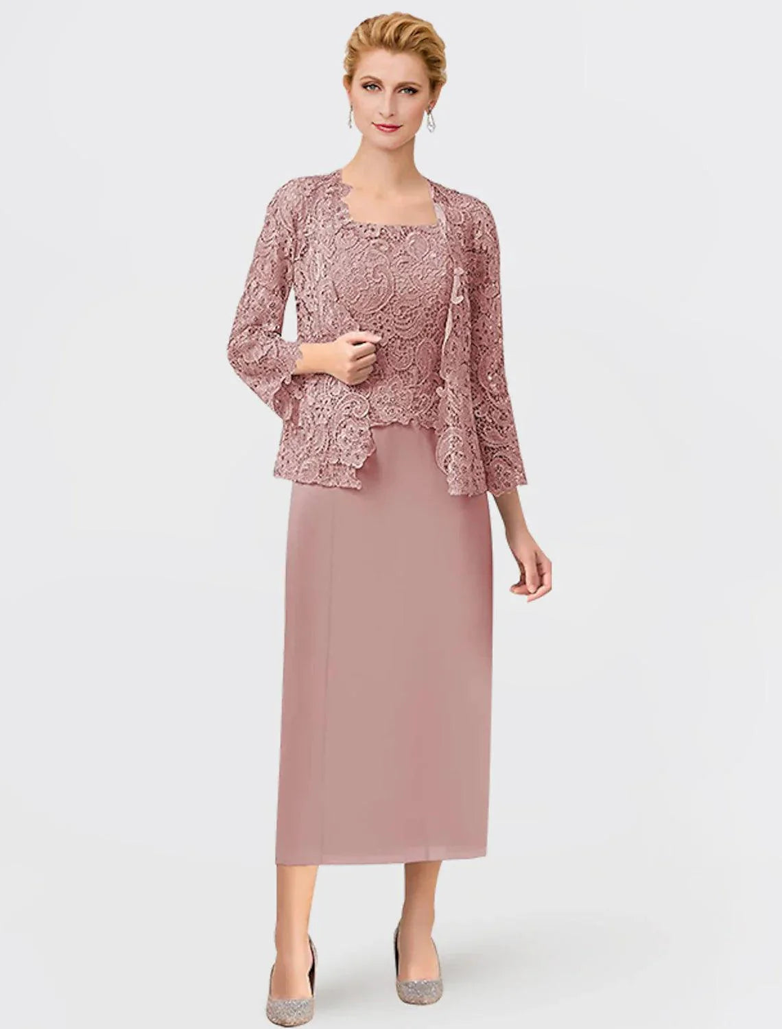 Vestido de mãe da noiva de duas peças, formal, para convidada de casamento, elegante, decote quadrado, comprimento até ao tornozelo, chiffon, renda, sem mangas, com aplicações incluídas