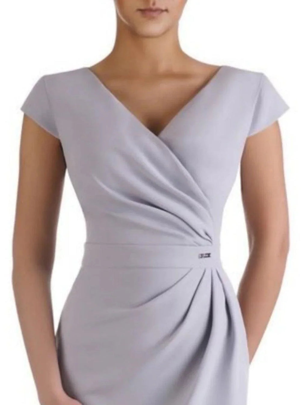 Etuikleid/Säulenkleid für die Brautmutter, Hochzeitsgast, elegant, V-Ausschnitt, knielang, Stretch-Stoff, kurze Ärmel mit Rüschen