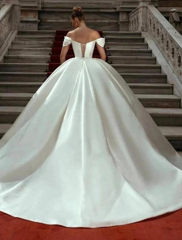 Verlobungs- und formelle Brautkleider, Ballkleid, schulterfrei, Flügelärmel, Hofschleppe, Satin, kirchliche Brautkleider mit geraffter, einfarbiger Sommer-/Herbsthochzeitsfeier