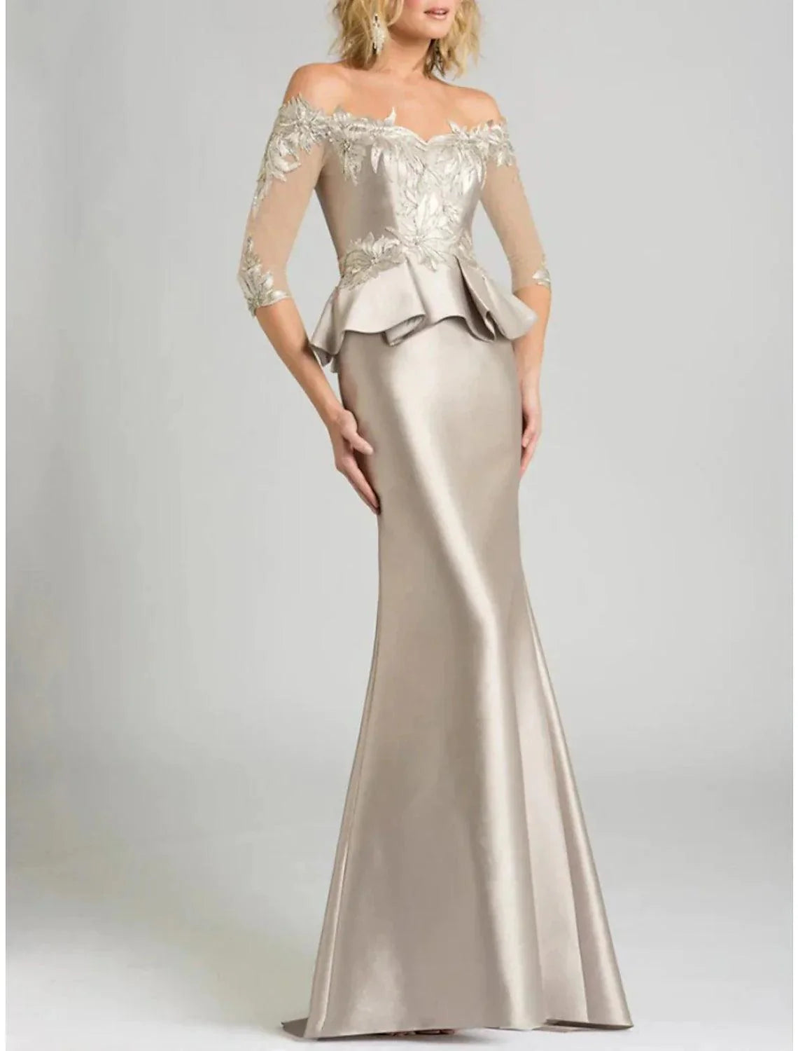 Vestido sereia/trompete para mãe da noiva, convidada para a festa de casamento, elegante, ombro descoberto, comprimento até ao chão, cetim elástico, manga 3/4, com renda, lantejoulas, franzido