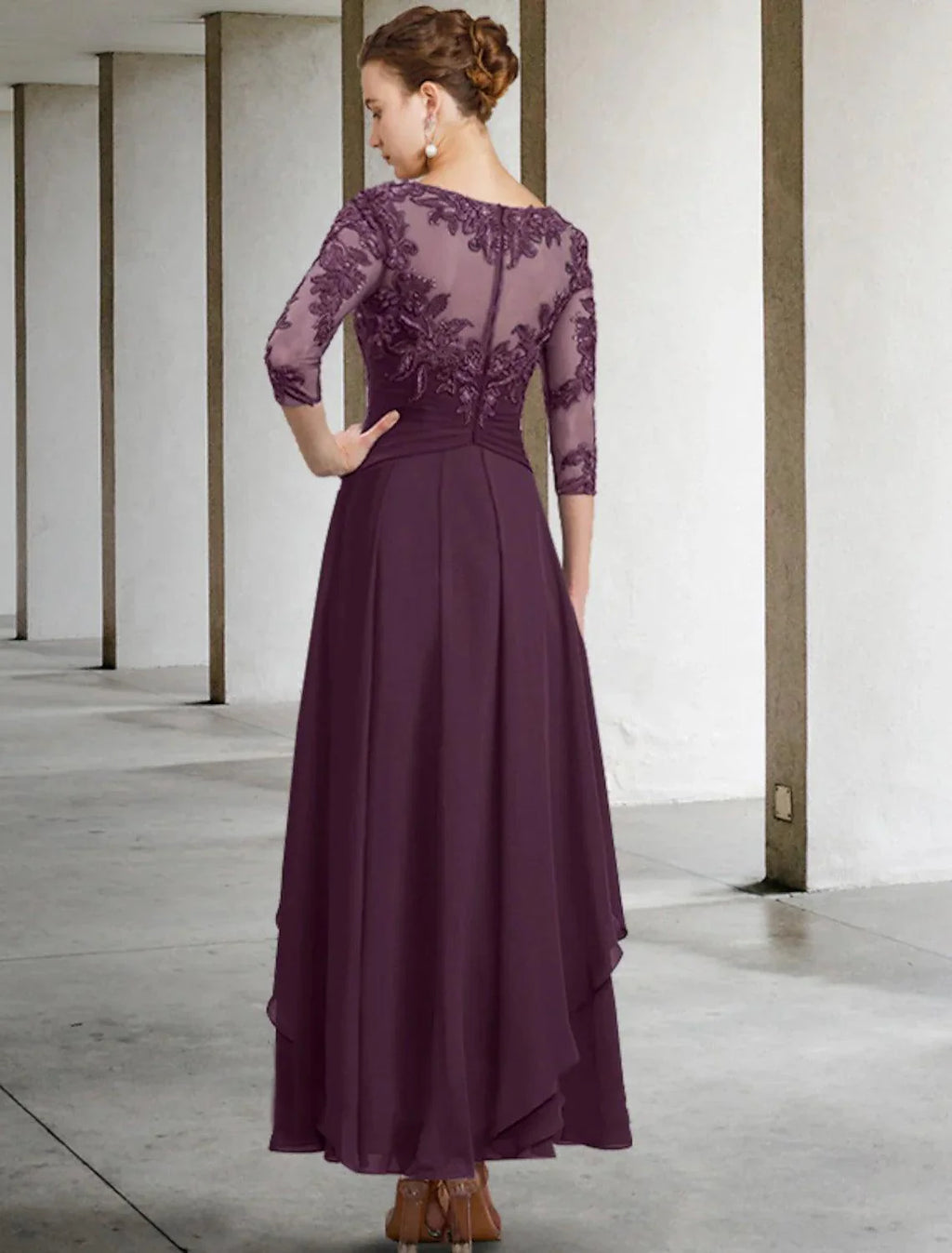 Vestido de festa de casamento elegante, plus size, decote em joia, comprimento até ao tornozelo, chiffon com renda, manga 3/4, com aplicações de lantejoulas franzidas, para mãe da noiva