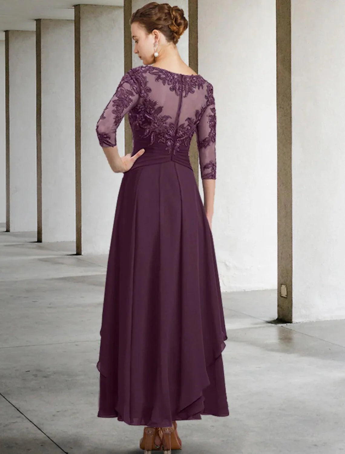 Vestido de festa de casamento elegante, plus size, decote em joia, comprimento até ao tornozelo, chiffon com renda, manga 3/4, com aplicações de lantejoulas franzidas, para mãe da noiva