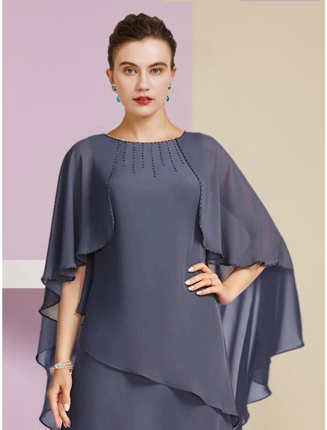 Vestido de festa tubinho/coluna para mãe da noiva, convidada de casamento, elegante, decote em joia, comprimento até ao chão, chiffon, meia manga com lantejoulas, cor sólida