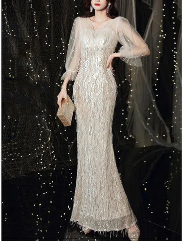 Meerjungfrau/Trompete Kleid für die Mutter der Braut, Hochzeitsgast, Party, Sparkle &amp; Shine, Petite, V-Ausschnitt, bodenlang, Tüll, Pailletten, 3/4-Ärmel mit Federperlen