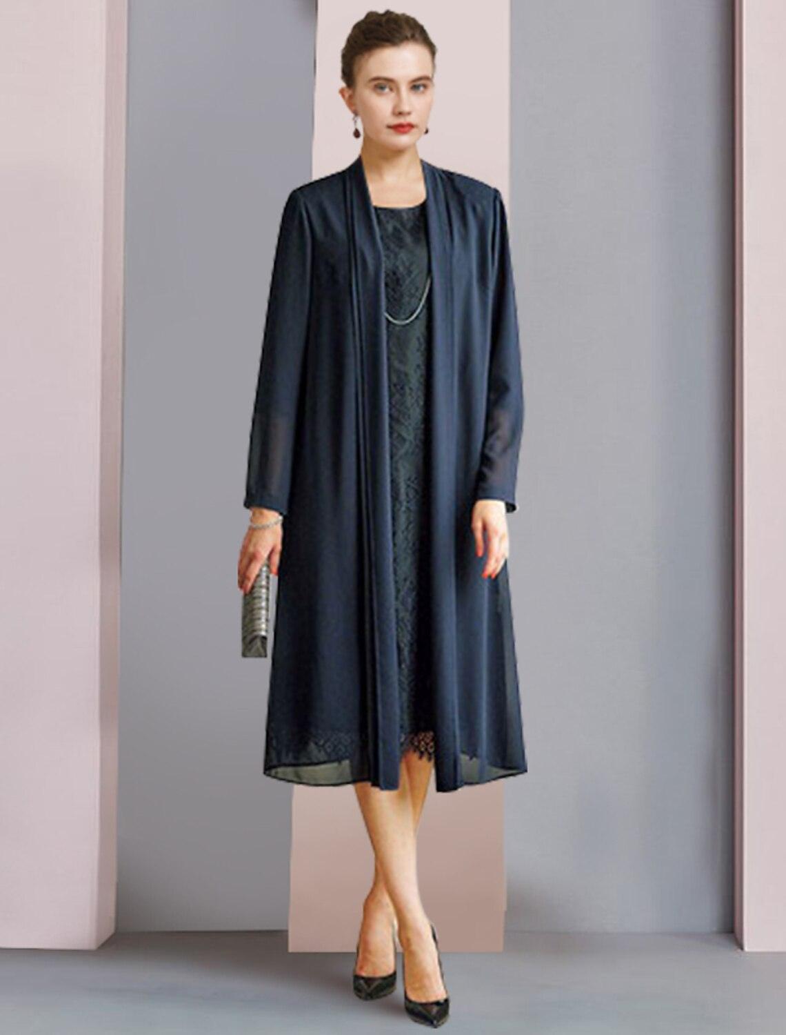 Vestido de mãe da noiva de duas peças, estilo coluna, formal, para festa de casamento, elegante, decote redondo, comprimento chá, chiffon, renda, manga 3/4, cor sólida