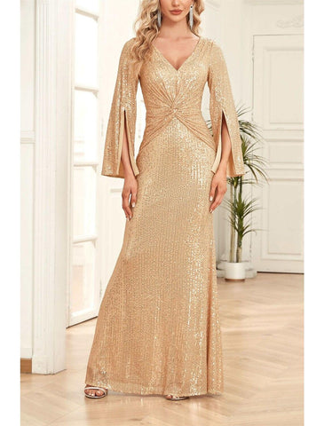 Meerjungfrau/Trompete Kleid für die Brautmutter, Hochzeitsgast, Party, Glitzer und Glanz, U-Ausschnitt, V-Ausschnitt, bodenlang, mit Pailletten, 3/4-Ärmel mit Rüschen, einfarbig