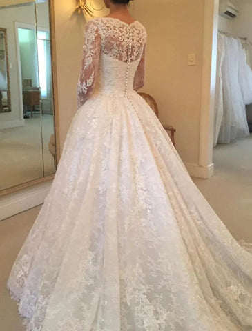Verlobungs- und formelle Herbst-Brautkleider Ballkleid Illusion Neck Langarm Kapelle Zug Spitze Brautkleider mit Knöpfen Perlen