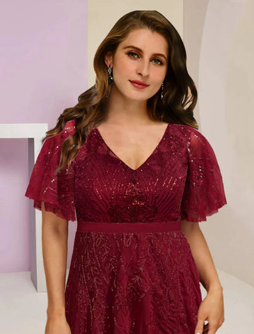 Kleider für die Brautmutter, Übergröße, geschwungen, Bauch verbergen, Hochzeitsgast, elegant, funkelnd und glänzend, V-Ausschnitt, bodenlang, Chiffon, Spitze, Pailletten, kurze Ärmel mit Falten, geteilte Vorderseite