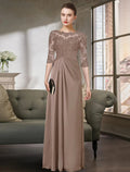 Etuikleid/Säulenkleid für die Brautmutter, schlicht, elegant, Rundhalsausschnitt, bodenlang, Chiffon, Spitze, halbe Ärmel mit Falten, einfarbig