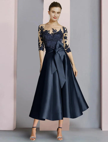 Mutter der Braut Kleid Hochzeit Gast Elegante Party Hals Knöchel Länge Satin Spitze Halbe Ärmel