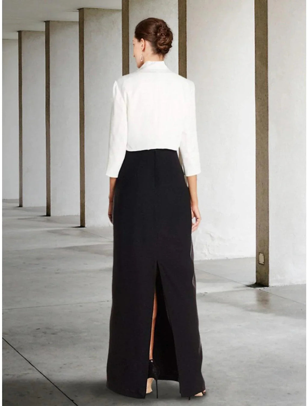 Vestido de mãe da noiva de duas peças, estilo coluna, elegante, preto, para convidadas de casamento, decote em V, comprimento até ao tornozelo, chiffon elástico, manga curta, com lantejoulas, racha frontal, franzido