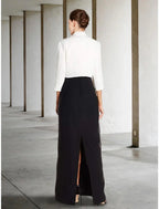 Vestido de mãe da noiva de duas peças, estilo coluna, elegante, preto, para convidadas de casamento, decote em V, comprimento até ao tornozelo, chiffon elástico, manga curta, com lantejoulas, racha frontal, franzido