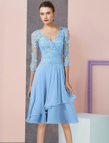 Zweiteiliges A-Linien-Kleid für die Mutter der Braut, formelle Hochzeitsgäste, eleganter V-Ausschnitt, knielang, Chiffon-Spitze, 3/4-Ärmel, Wickelärmel inklusive Perlen-Pailletten-Applikationen