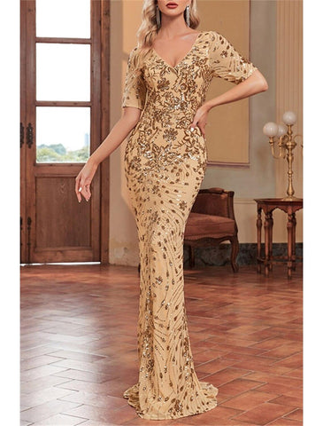 Meerjungfrau/Trompete Kleid für die Brautmutter, Hochzeitsgast, Sparkle &amp; Shine, elegant, V-Ausschnitt, bodenlang, Pailletten, kurze Ärmel mit Paillettenblume