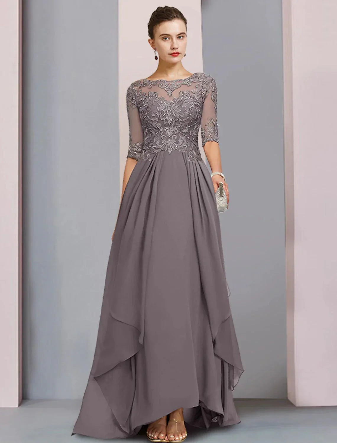 Vestido de mãe da noiva com bainha/coluna, elegante, decote redondo, assimétrico, chiffon, renda, meia manga com pregas