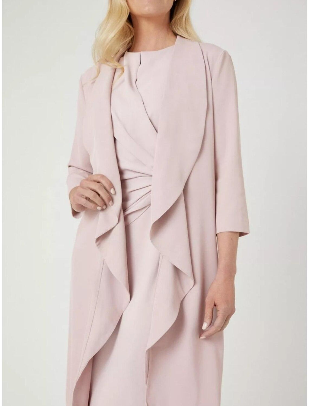 Vestido de duas peças para mãe da noiva, convidada de casamento, elegante, pequeno, decote em joia, comprimento até ao joelho, chiffon elástico, manga 3/4, com racha frontal franzida, cor sólida