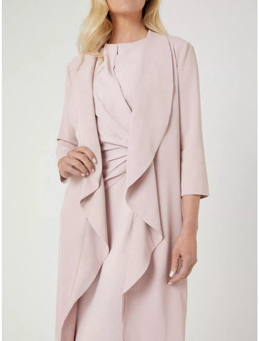 Zweiteiliges Kleid für die Mutter der Braut, für Hochzeitsgäste, elegant, zierlich, Rundhalsausschnitt, knielang, Stretch-Chiffon, 3/4-Ärmel mit geschlitzter Vorderseite, Rüschen, einfarbig