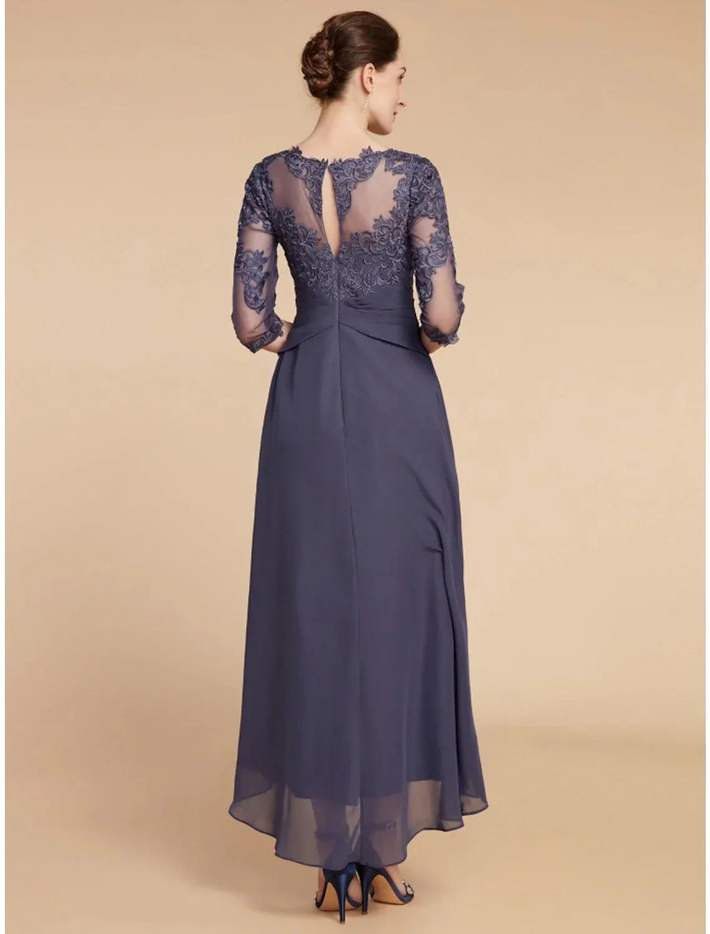 Vestido de mãe da noiva em linha A da Numbersea, elegante, decote redondo, comprimento até ao tornozelo, chiffon, renda, manga 3/4 com franzido, cor sólida