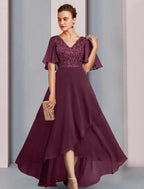 Vestido de festa para mãe da noiva, bainha/coluna, elegante, decote em V, assimétrico, chiffon, renda, meia manga, com pregas, lantejoulas