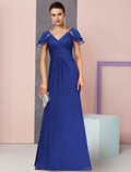 Abito da Sposa per la Madre della Sposa Sheath/Colonna Formale ed Elegante con Scollo a V Lungo fino a Terra in Chiffon Manica Corta e Spilla di Cristalli Plissettata con Drappeggio Laterale