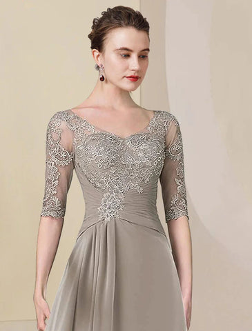 Zweiteiliges A-Linien-Kleid für die Mutter der Braut, formelle Hochzeitsgäste, eleganter High-Low-V-Ausschnitt, asymmetrische knielange Chiffon-Spitze, halbe Ärmel, Wickelkleid inklusive gerüschter Applikationen