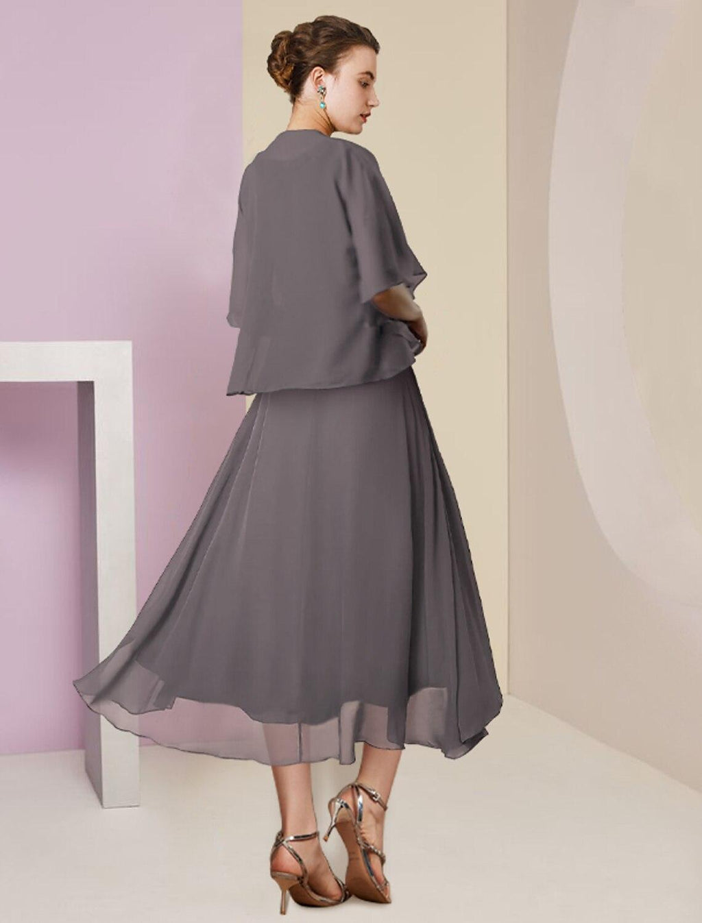 Vestido de mãe da noiva em duas peças, corte A, formal, para convidada de casamento, elegante, decote redondo, comprimento chá, chiffon, renda, manga curta, com aplicações de lantejoulas e missangas