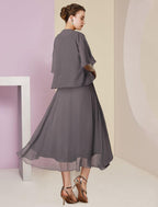 Vestido de mãe da noiva em duas peças, corte A, formal, para convidada de casamento, elegante, decote redondo, comprimento chá, chiffon, renda, manga curta, com aplicações de lantejoulas e missangas