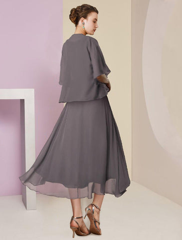 Zweiteiliges A-Linien-Kleid für die Mutter der Braut, formeller Hochzeitsgast, eleganter U-Ausschnitt, knielang, Chiffon, Spitze, halbe Ärmel, Wickelkleid mit Perlen-Pailletten-Applikationen