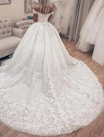 Verlobungs- und formelle Brautkleider Ballkleid mit schulterfreiem Flügelärmeln Kapellenschleppe, Spitze, Brautkleider mit Applikationen, Sommer- und Herbsthochzeitsfeier