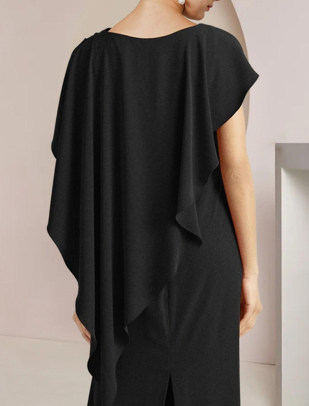 Vestido de mãe da noiva com bainha/coluna, para convidada de casamento formal, elegante, decote redondo, comprimento até ao chão, tecido elástico, sem mangas, com abertura frontal