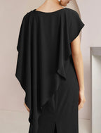 Vestido de mãe da noiva com bainha/coluna, para convidada de casamento formal, elegante, decote redondo, comprimento até ao chão, tecido elástico, sem mangas, com abertura frontal