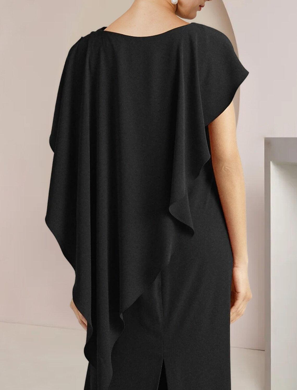 Vestido de mãe da noiva com bainha/coluna, para convidada de casamento formal, elegante, decote redondo, comprimento até ao chão, tecido elástico, sem mangas, com abertura frontal