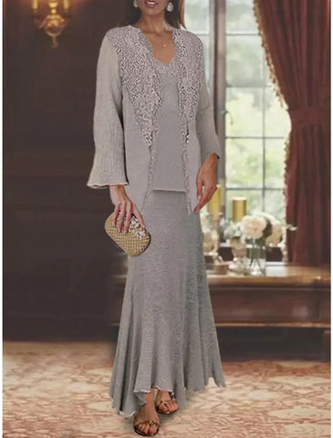 Meerjungfrau/Trompete, 3-teiliges Kleid für die Mutter der Braut, formeller Hochzeitsgast, elegant, V-Ausschnitt, asymmetrisch, knöchellang, Leinen-/Baumwollmischung, ärmellos, Wickelkleid inklusive Applikationen